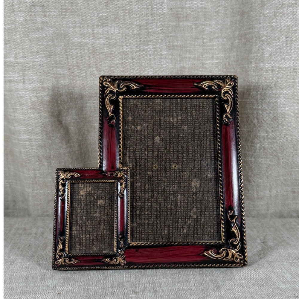 Picture Frame Good Vintage Ornate Burgundy Gold Double Photo Scrollwork Decor